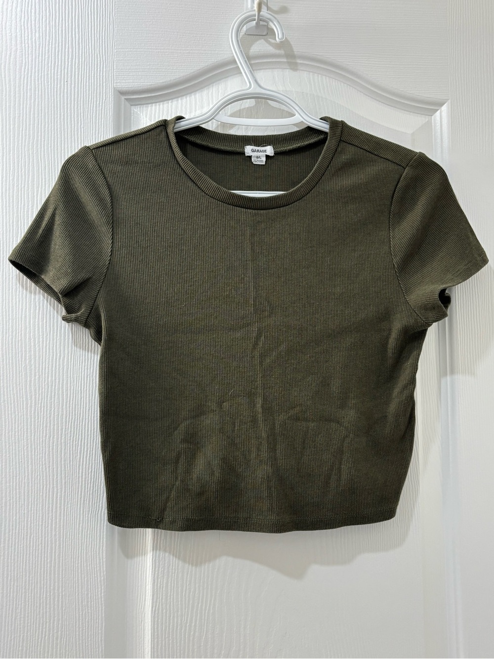 Garage Olive Ribbed Short Sleeve Crop Top
